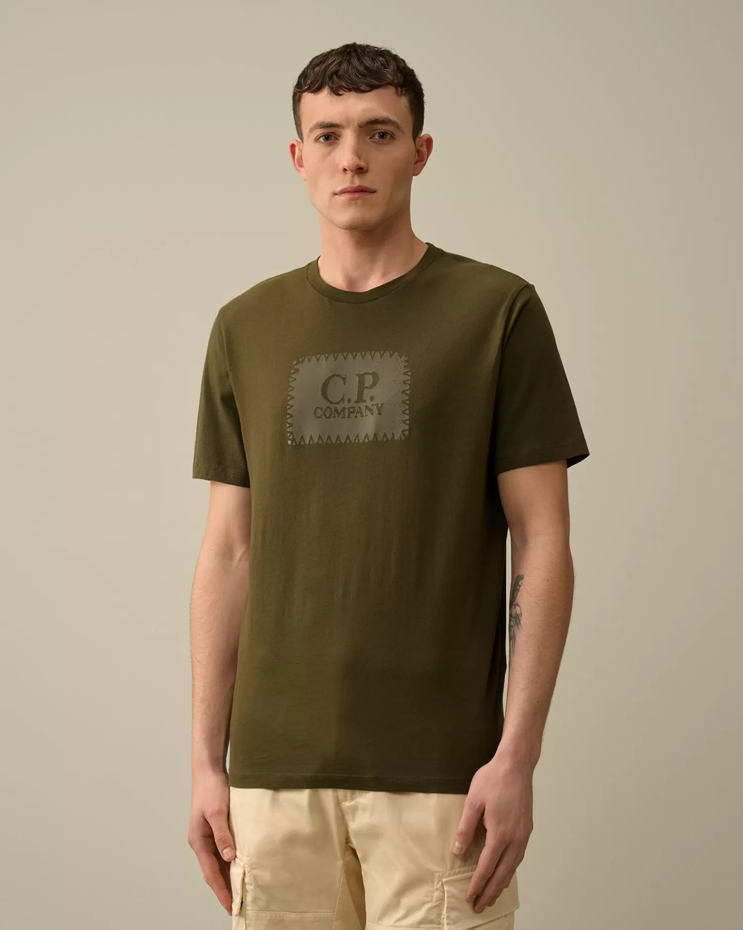 New C.P. Company 30/2 Mercerized Jersey Twisted Logo T-Shirt Pistacie Shell-Beige